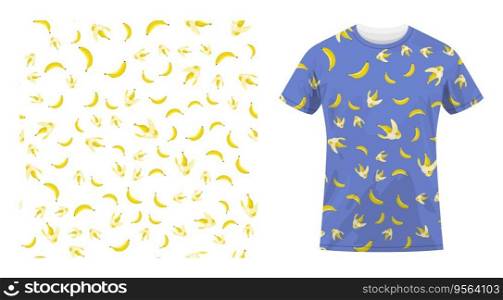 Short sleeved cotton sports t shirt decorated Ripe peeled yellow banana with bitten off part of fruit seamless pattern. Comfortable summer clothes. Vector ornament for design of textile and fabric