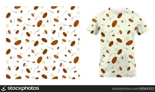 Short sleeved cotton sports t shirt decorated seamless pattern with edible mushrooms and spicy twigs. Cook uniform. Comfortable summer clothes. Vector ornament for design of textile and fabric