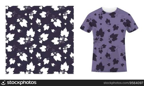 Short sleeved cotton sports t shirt decorated seamless pattern with white leaves and tendrils. Cook uniform. Comfortable summer clothes. Vector ornament for design of textile and fabric