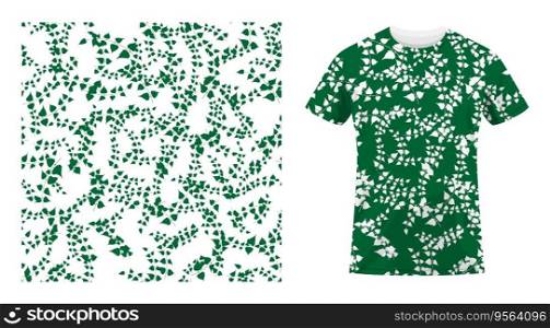 Short sleeved cotton sports t shirt decorated Thin birch twigs and green leaves seamless pattern. Floral ornament. Comfortable summer clothes. Vector ornament for design of textile and fabric