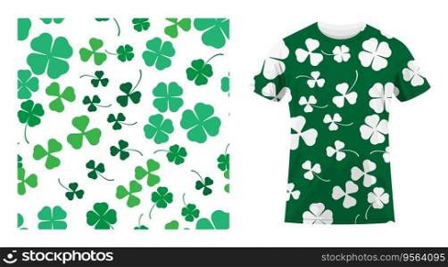 Short sleeved cotton sports t shirt decorated three and four leaf clover seamless patterns. Clover leaf floral ornament. Comfortable summer clothes. Vector ornament for design of textile and fabric