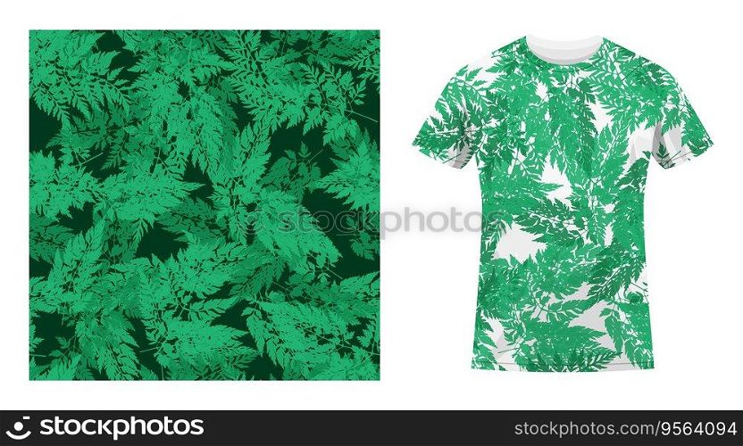 Short sleeved cotton sports t shirt decorated wild field grass parsley with meadow herbarium grass seamless pattern. Comfortable summer clothes. Vector ornament for design of textile and fabric