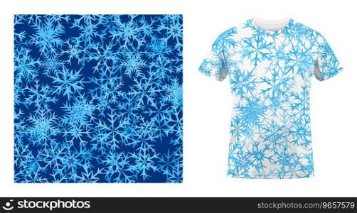 Short sleeved cotton sports t shirt decorated winter snowflakes. Six pointed fluffy snowflakes symbol of winter weather. Comfortable summer clothes. Vector ornament for design of textile and fabric