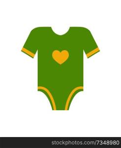 Short sleeves legless green romper with yellow heart vector illustration of first cloth for newborn toddler infant isolated on white background. Short Sleeves Legless Green Romper Yellow Heart