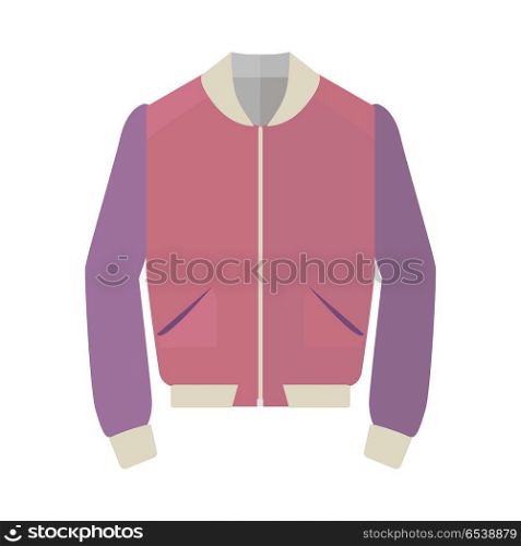 Short sport jacket icon. Unisex everyday clothing in casual style for cold season flat vector illustration isolated on white background. For clothing store ad, fashion concept, app button, web design. Unisex Sport Jacket Flat Style Vector Illustration. Unisex Sport Jacket Flat Style Vector Illustration