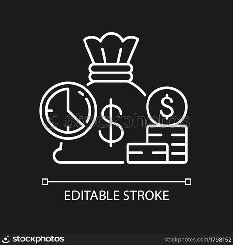 Short term deposit white linear icon for dark theme. Sum of money for invest. Bank currency. Thin line customizable illustration. Isolated vector contour symbol for night mode. Editable stroke. Short term deposit white linear icon for dark theme