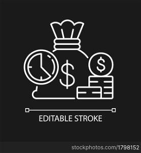 Short term deposit white linear icon for dark theme. Sum of money for invest. Bank currency. Thin line customizable illustration. Isolated vector contour symbol for night mode. Editable stroke. Short term deposit white linear icon for dark theme