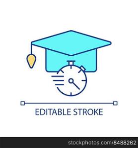 Short term educative program RGB color icon. Mortar board and stopwatch. Knowledge and skills. Isolated vector illustration. Simple filled line drawing. Editable stroke. Arial font used. Short term educative program RGB color icon