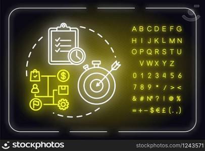 Short-term goals neon light concept icon. Making progress. Time duration. Productive management idea. Outer glowing sign with alphabet, numbers and symbols. Vector isolated RGB color illustration