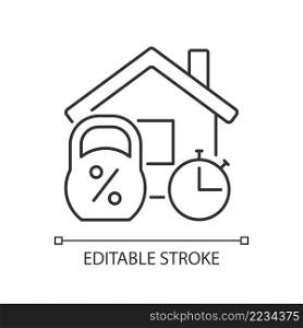 Short term mortgage linear icon. Loan for house purchasing. Real estate. Property sale. Thin line illustration. Contour symbol. Vector outline drawing. Editable stroke. Arial font used. Short term mortgage linear icon
