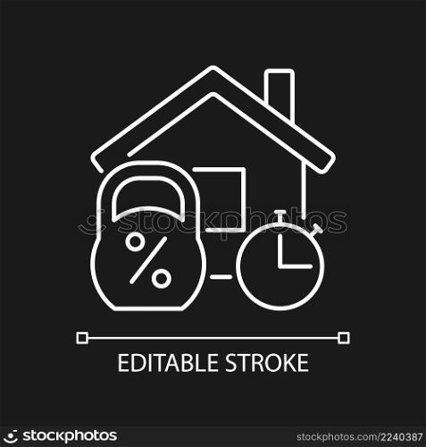 Short term mortgage white linear icon for dark theme. Loan for house purchasing. Real estate. Property sale. Thin line illustration. Isolated symbol for night mode. Editable stroke. Arial font used. Short term mortgage white linear icon for dark theme