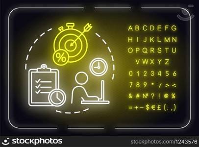 Short-term smart goals neon light concept icon. Relevant target. Building business. Planning idea. Outer glowing sign with alphabet, numbers and symbols. Vector isolated RGB color illustration