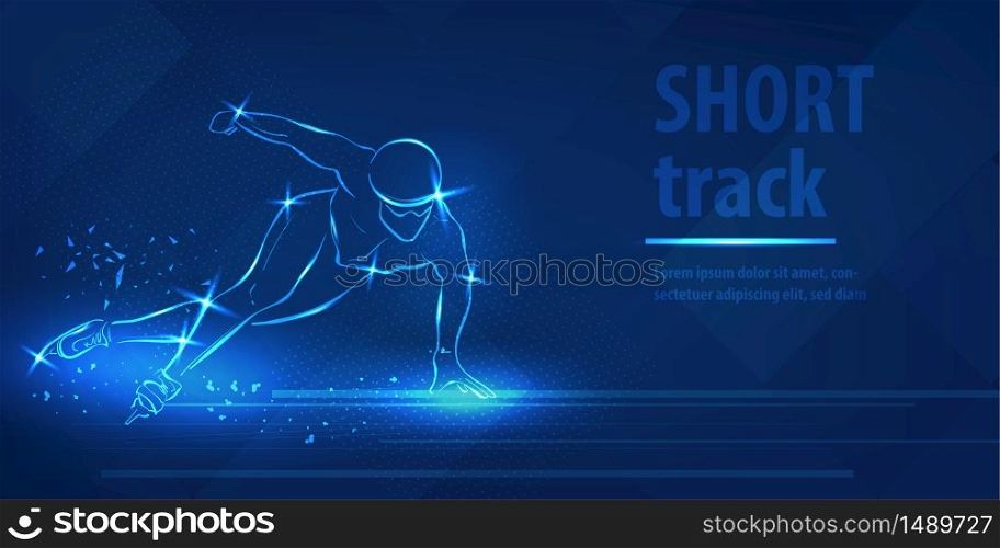 Short track skating sport. Ice skate speed ice skating race. Blue neon horizontal banner. Olympic winter games. Man extreme figure. Short track skating blue neon winter sport vector background.. Short track skating sport speed ice skating race