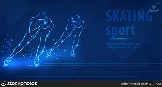Short track skating sport. Ice skate speed ice skating race. Blue neon horizontal banner. Olympic winter games. Man extreme figure. Short track skating blue neon winter sport vector background.. Short track skating sport speed ice skating race