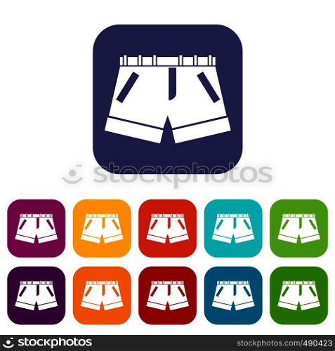 Shorts icons set vector illustration in flat style in colors red, blue, green, and other. Shorts icons set