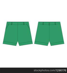 Shorts pants in green colors for girls isolated on white background. Technical sketch kids clothes. Sportswear, uniform clothes. Fashion vector illustration. Shorts pants in green colors for girls isolated on white background. Technical sketch kids clothes.