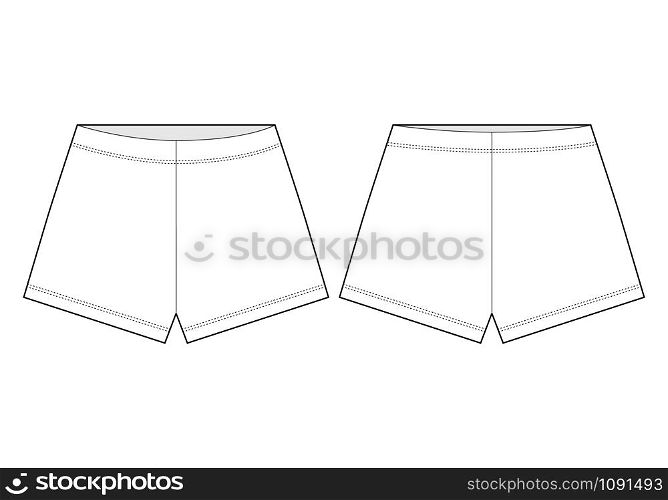 Shorts technical sketch. Unisex outline shorts pants. Women casual clothes isolated on white background. Vector illustration. Shorts technical sketch. Unisex outline shorts pants.