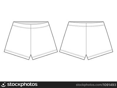 Shorts technical sketch. Unisex outline shorts pants. Women casual clothes isolated on white background. Vector illustration. Shorts technical sketch. Unisex outline shorts pants.