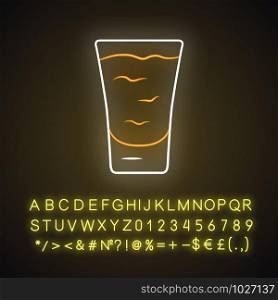 Shot neon light icon. ?ocktail in glass. Alcoholic drink. Tumbler with shooter. Mix for fast consumption. Glowing sign with alphabet, numbers and symbols. Vector isolated illustration