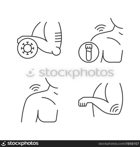 Shoulder and elbow pain linear icons set. Autoimmune condition. Rheumatism blood test. Septic arthritis. Customizable thin line contour symbols. Isolated vector outline illustrations. Editable stroke. Shoulder and elbow pain linear icons set