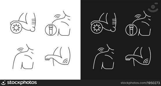 Shoulder and elbow pain linear icons set for dark and light mode. Autoimmune condition. Rheumatism blood test. Customizable thin line symbols. Isolated vector outline illustrations. Editable stroke. Shoulder and elbow pain linear icons set for dark and light mode