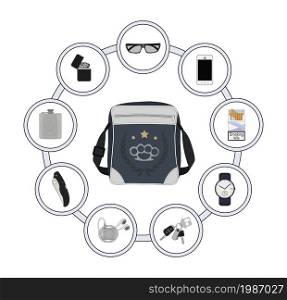Shoulder bag contents. Every day carry objects in round frame. Vector clip art illustrations isolated on white. EDC set 1 circle