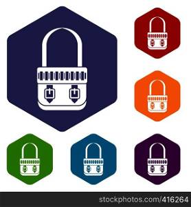 Shoulder bag icons set rhombus in different colors isolated on white background. Shoulder bag icons set