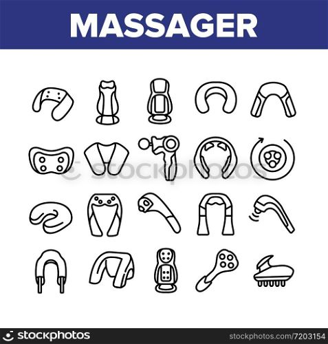 Shoulder Massager Collection Icons Set Vector. Body And Foot Massager Equipment For Relaxation, Electric Wearable Pulse Neck Device Concept Linear Pictograms. Monochrome Contour Illustrations. Shoulder Massager Collection Icons Set Vector