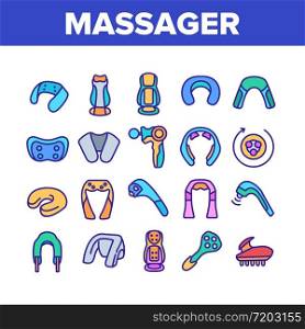 Shoulder Massager Collection Icons Set Vector. Body And Foot Massager Equipment For Relaxation, Electric Wearable Pulse Neck Device Concept Linear Pictograms. Color Illustrations. Shoulder Massager Collection Icons Set Vector
