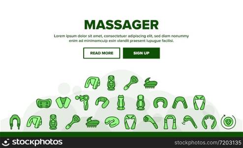 Shoulder Massager Landing Web Page Header Banner Template Vector. Body And Foot Massager Equipment For Relaxation, Electric Wearable Pulse Neck Device Illustrations. Shoulder Massager Landing Header Vector
