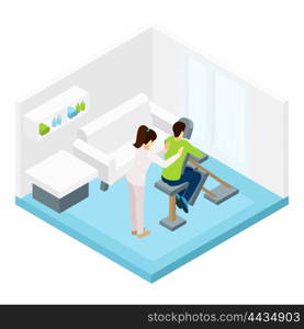 Shoulders Massage Isometric Illustration . Shoulders massage with special equipment in the room isometric vector illustration