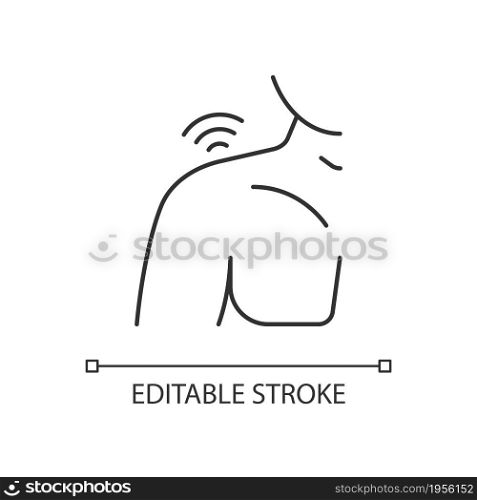 Shoulders rheumatism linear icon. Inflammatory process. Shoulder joints deformity. Pain of motion. Thin line customizable illustration. Contour symbol. Vector isolated outline drawing. Editable stroke. Shoulders rheumatism linear icon
