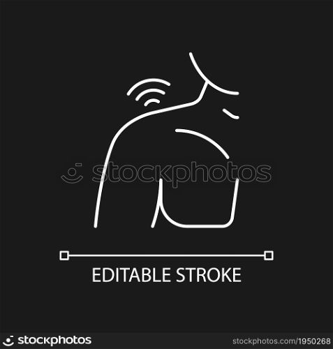 Shoulders rheumatism white linear icon for dark theme. Inflammatory process. Joints deformity. Thin line customizable illustration. Isolated vector contour symbol for night mode. Editable stroke. Shoulders rheumatism white linear icon for dark theme