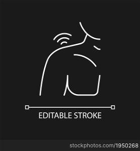 Shoulders rheumatism white linear icon for dark theme. Inflammatory process. Joints deformity. Thin line customizable illustration. Isolated vector contour symbol for night mode. Editable stroke. Shoulders rheumatism white linear icon for dark theme