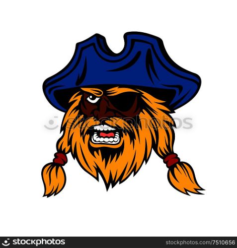 Shouting cartoon african pirate head with long hair and lush beard, wearing captain hat and eye. Cartoon captain pirate with long hair in hat
