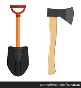 Shovel and Hatchet axe vector icon isolated on white background. Tourist dig and axe elements in flat design.. Shovel and Hatchet axe vector icon