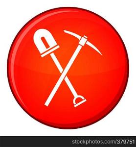 Shovel and pickaxe icon in red circle isolated on white background vector illustration. Shovel and pickaxe icon, flat style