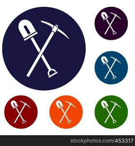 Shovel and pickaxe icons set in flat circle reb, blue and green color for web. Shovel and pickaxe icons set