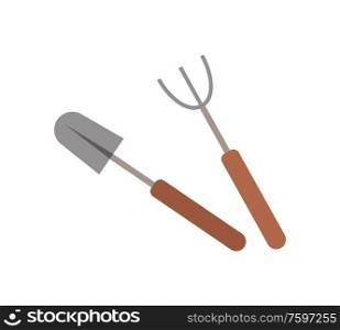 Shovel and rake garden tools isolated. Vector gardening equipment, work instruments farmers fork and pitchfork, metal objects with handle for cultivation. Shovel and Rake Garden Tools Isolated. Vector