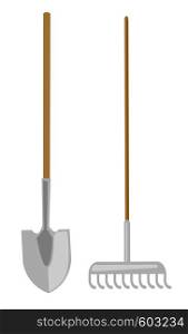 Shovel and rake vector cartoon illustration isolated on white background.. Shovel and rake vector cartoon illustration.