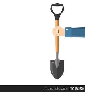 Shovel holding in hand. Gardening, agriculture, planting concept. Dig the ground. Template, space,for text. Vector illustration in flat style. Shovel holding in hand.