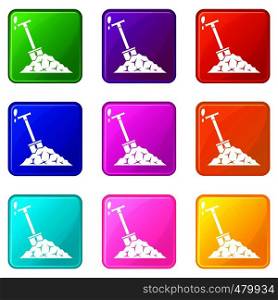 Shovel in coal icons of 9 color set isolated vector illustration. Shovel in coal set 9