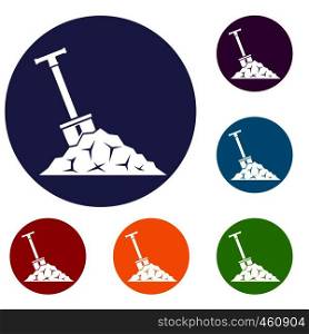 Shovel in coal icons set in flat circle reb, blue and green color for web. Shovel in coal icons set