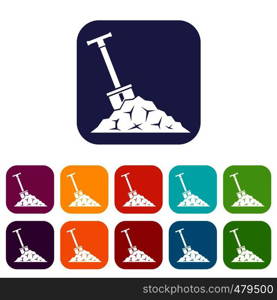 Shovel in coal icons set vector illustration in flat style in colors red, blue, green, and other. Shovel in coal icons set