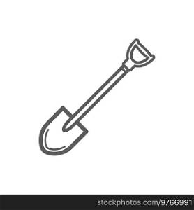 Shovel isolated gardening tool monochrome icon. Vector small c&spade with handle outline sign. Building and repair, farm tool digging, lifting, and moving bulk materials. Trowel with long handle. Digging tool isolated shovel outline icon, spade