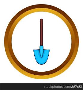 Shovel vector icon in golden circle, cartoon style isolated on white background. Shovel vector icon