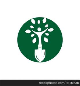 Shovel with human tree vector logo design. Green garden environment logo design template.	