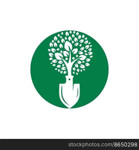 Shovel with human tree vector logo design. Green garden environment logo design template. 