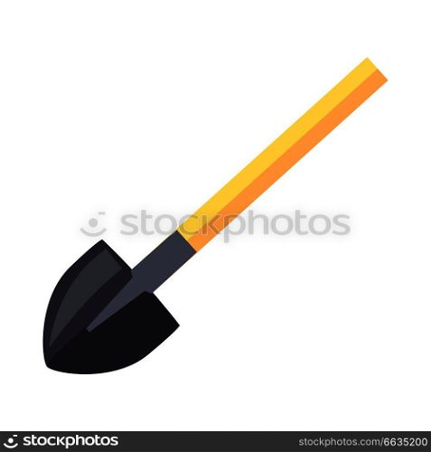 Shovel with long wooden shaft and dark steel blade isolated vector illustration on white. Tool used for digging, lifting and moving bulk materials. Shovel with Wooden Shaft Isolated Illustration