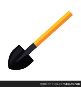 Shovel with long wooden shaft and dark steel blade isolated vector illustration on white. Tool used for digging, lifting and moving bulk materials. Shovel with Wooden Shaft Isolated Illustration